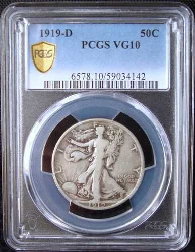 1919-D ウォーキング・リバティ シルバー ハーフダラー - PCGS VG 10 - ゴールドシールド