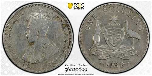 1933年 オーストラリア シルバー シリング PCGS 正規品 - 細部まで良好 (92 - クリーニング済み)