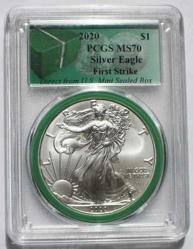 2020年 シルバーイーグル $1 - PCGS MS70 ファーストストライク、米国造幣局未開封ボックス入り、スポッティング
