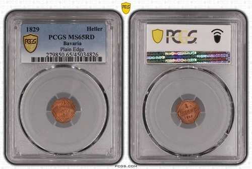 バイエルン 1 ヘラー 1829 極上品、未使用 PCGS MS65RD 85785-