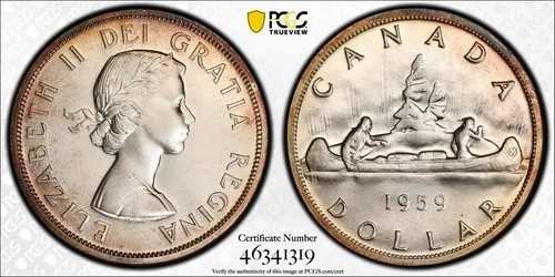 カナダ、1959年エリザベス2世記念ドル。PCGS PL 66。発行枚数45,160枚。