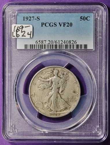 1927年頃のウォーキング・リバティ・ハーフ。PCGSホルダー入り。VF20。L624