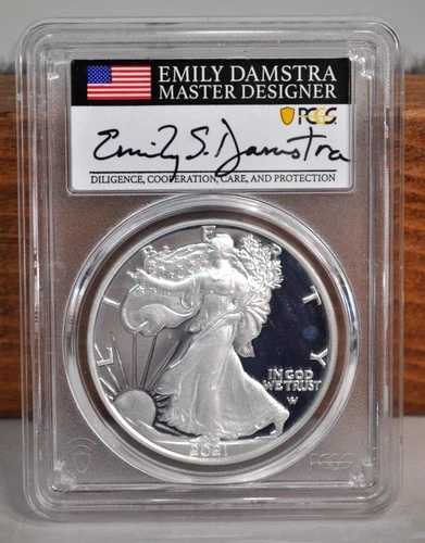 2021年 W PCGS ジェムプルーフ アメリカンシルバーイーグル タイプ2 エミリー・ダムストラ サイン入り **ミント++ 54,120円