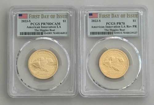 2023-S 1ドル イノベーション リバース＆プルーフドル、LAヒギンズ、PCGS PR-70 初日2