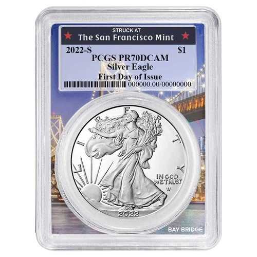 2022-S プルーフ 1ドル アメリカン シルバー イーグル PCGS PR70DCAM FDOI ベイブリッジフレーム