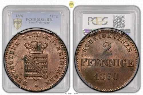 ドイツ、ザクセン マイニンゲン、ベルンハルト II、2 Pfennige 1860、トップ ポップ、PCGS MS 64 RB