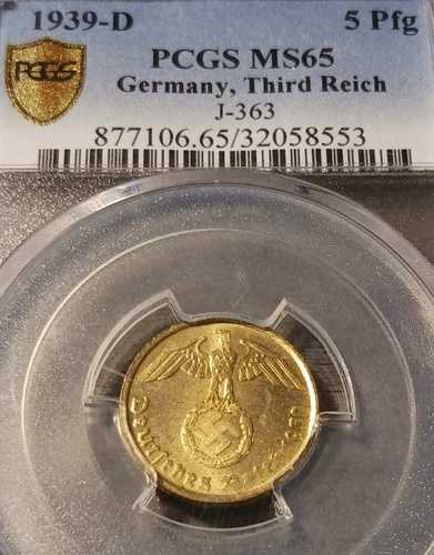PCGS MS65 1939-D ドイツ 5 ライヒスペニッヒ J-363 ブリリアント UNC 5Pfg ミュンヘン造幣局