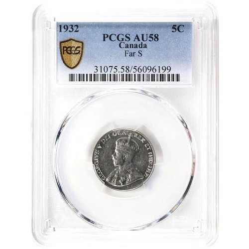 1932年カナダ5セント、Far S Variety、PCGS AU 58、KM-29