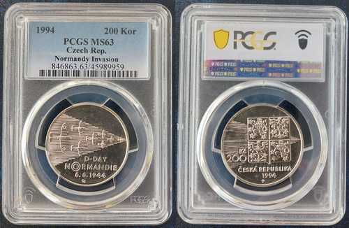 チェコ共和国 銀貨 200コルナ UNC コイン 1994年 KM#12 ノルマンディー PCGS MS63