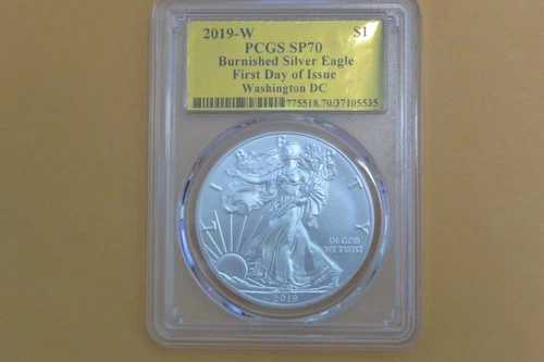 2019 W バーニッシュド シルバー イーグル PCGS SP70 ゴールドフォイル 発行初日 ワシントン