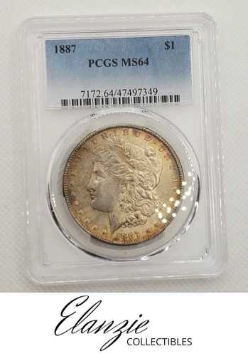 1887年 モルガン銀貨 PCGS MS64、リムトーニング表側、レインボートーニング裏側