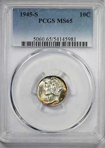 1945-S マーキュリー ダイム 10C PCGS MS65 - トーン加工済み!