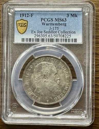 1912年 F ヴュルテンベルク 3マルク J-175 MS63 PCGS