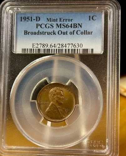 1951年 D ミントエラー リンカーンセント PCGS MS 64BN ブロードストラック アウトオブカラー 1セントコイン