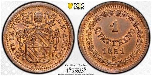 1851年 R 教皇領紀元6年 クアトリノ PCGS MS64 RB レッドブラウン ポップ 3/0 ファイナー 4798 56,760円