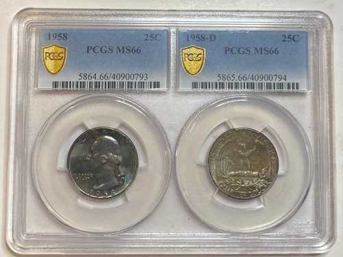 1958年および1958年Dワシントンシルバークォーター25セントセットPCGS MS 66トゥルービューレインボートーン