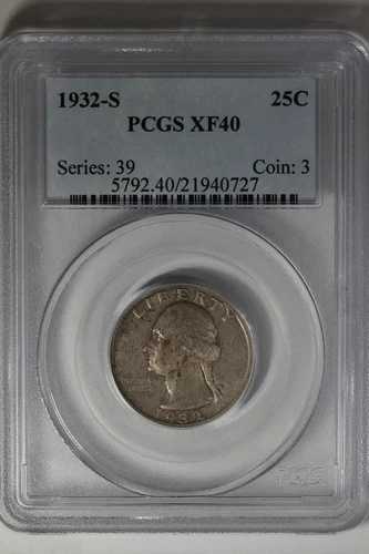 1932-S .25 PCGS XF40 ワシントン クォーター、銀 25 セント