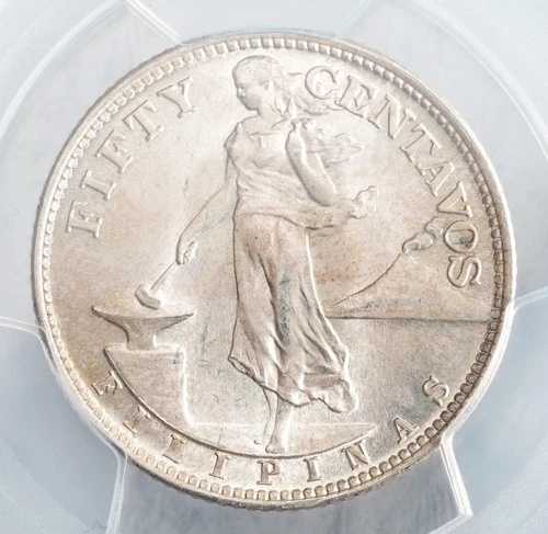 1945年-S、フィリピン（米国政府）。50センタボ銀貨。PCGS MS-65！