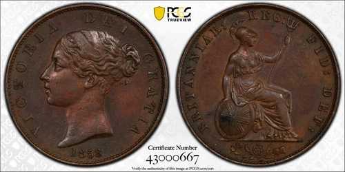 1858/7年 イギリス ハーフペニー 1/2D PCGS AU55 S-3949