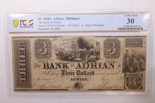 1838 年 3 ドル、ミシガン州エイドリアン、廃止通貨、PCGS VF-30、ストア番号 GMI083。