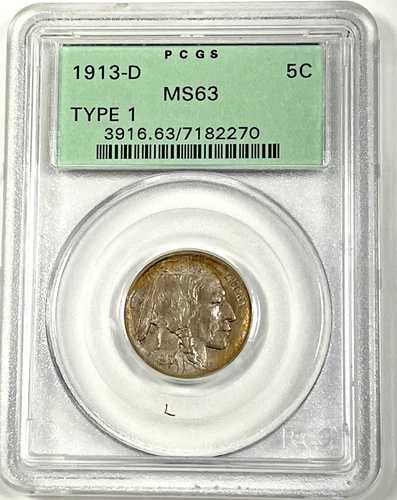 1913-D タイプ1 バッファローニッケル：PCGS MS63 OGH