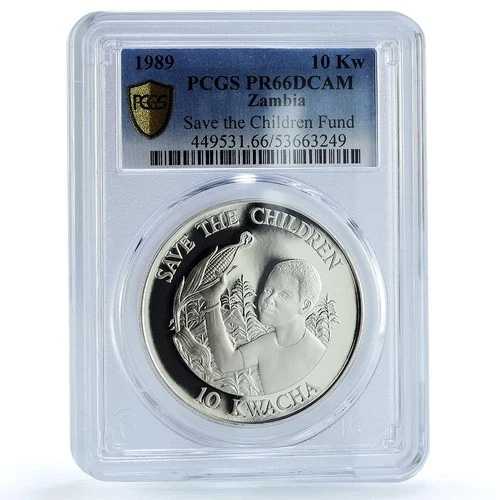 ザンビア 10 クワチャ セーブ・ザ・チルドレン KM-27 ユニセフ PR 66 PCGS 銀貨 1989
