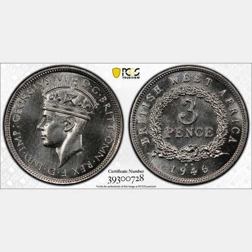 1946年 KN イギリス領西アフリカ 3ペンス。PCGS SP 64。KM-21