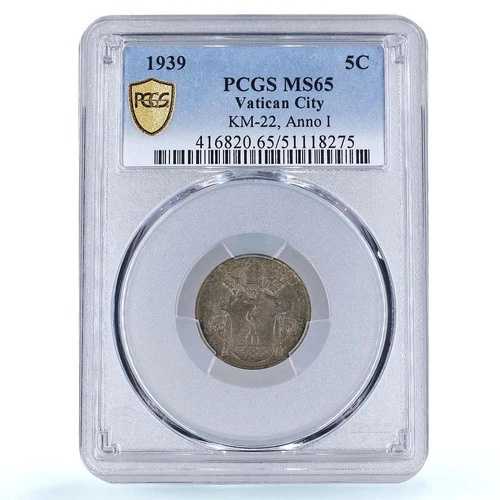 イタリア バチカン 5 センテシミ 教皇ピウス 12 世 オリーブの枝 MS65 PCGS AlBr コイン 1939 年 56,760円