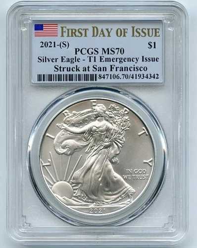 2021年 (S) 1ドル アメリカン シルバー イーグル 1オンス ドル タイプ1 緊急 PCGS MS70 FDOI