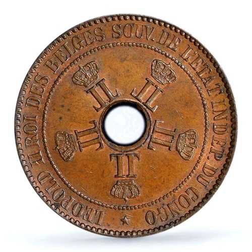 ベルギー・コンゴ自由国 10サンチーム レオポルド2世スター MS63 PCGS 銅貨 1889年