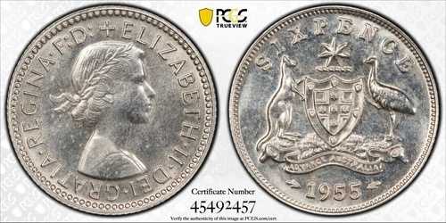 オーストラリア シルバー プルーフ 6ペンス コイン 1955年 KM#58 エリザベス2世 PCGS PR64