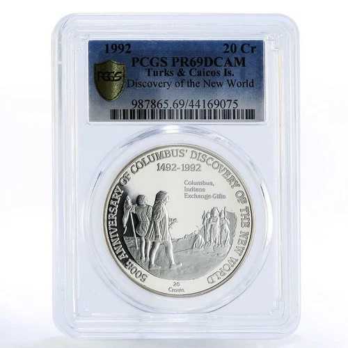 タークス・カイコス諸島 20クラウン コロンバス・インディアン PR69 PCGS 銀貨 1992年