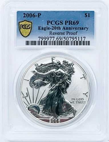 2006年 P リバースプルーフ シルバーイーグル | 20周年記念 | ゴールドシールド | PCGS PR69