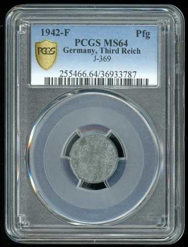 ナチスのコイン - PCGS MS64 1942-F 1 フェニヒ Pfg ドイツ、第三帝国 J.369