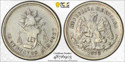 1872年 Mo M メキシコ 25センタボ銀貨 メキシコシティ造幣局 PCGS XF40