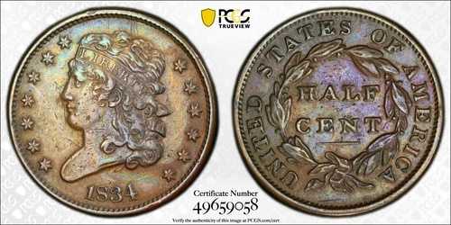 1834年 クラシックヘッド ハーフセント 1/2 C - PCGS XF 詳細 - クリーニング済み - **低発行枚数 141K