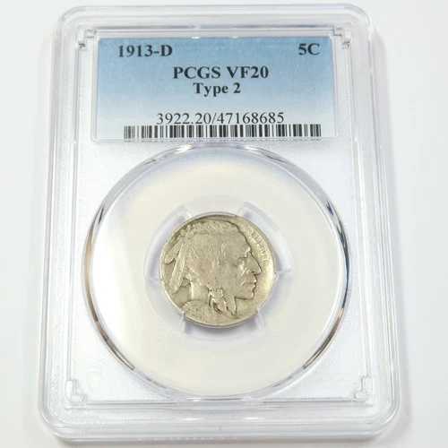 1913 D PCGS VF20 - バッファローニッケル タイプ2 - 5セント米国コイン #45785A