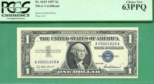 下4桁シリアル - A 00001829 A - 1957 $1 SC - Fr 1619 - PCGS CU 63 PPQ