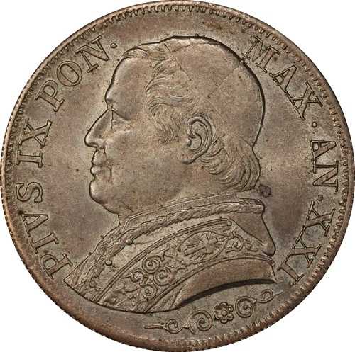 1867年-R イタリア教皇領「ピウス9世」銀貨 リラ - PCGS MS64 - 光沢あり！希少