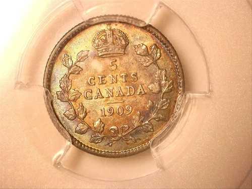 カナダ 1909年 ラウンドリーフ 5セント オールドシルバーコイン PCGS AU 55 #0150x