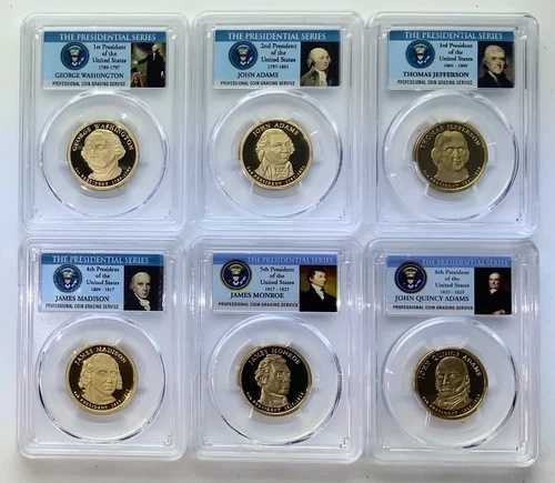 2007年と2008年 S ファースト6枚 大統領$1 PCGS 70プルーフ ドルコインセット 1788年から1829年