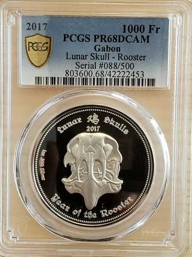 2017年 ルナ・スカル・ルースター ガボン 1000Fr シルバー プルーフ PCGS PR69DCAM #088