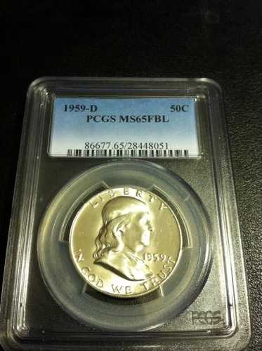 1959 D フランクリン ハーフ PCGS MS 65 FBL GEM BU フルベルライン ブラストホワイト!!