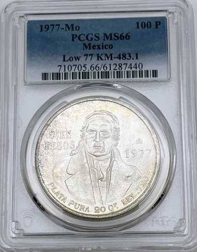 1977年-月 メキシコ 100ペソ PCGS MS66 Low 77 KM#483.1 100P グレーデッド ミントステート BU UNC