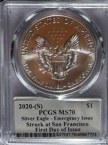 2020年 (S) シルバーイーグル PCGS MS70 クリーブランド サンフランシスコ緊急FDOIでストライク