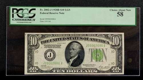 1928 B $10 FRN PCGS AU58 カンザスシティ FR. 2002-J LGS s/n J09062686A Mr. C