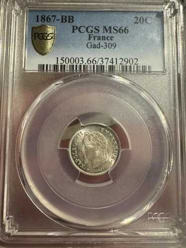 1867年 BB フランス 20セント硬貨 ナポレオン3世 PCGS MS 66 GEM 48,840円