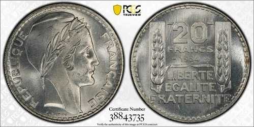 フランス 1934 20フラン PCGS MS64 Grad-852 PC0913 同梱配送