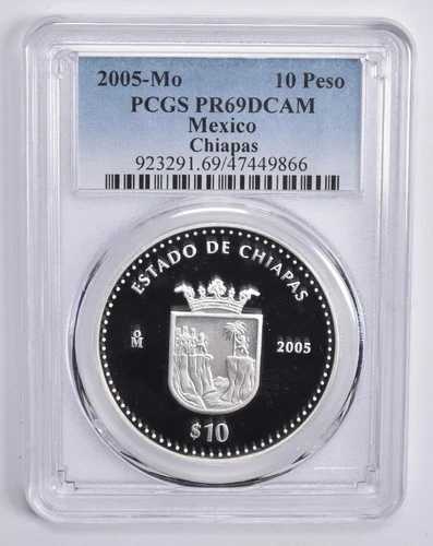 PR69 DCam 2005 MO メキシコ 10 ペソ シルバー チアパス PCGS ブルー Lbl