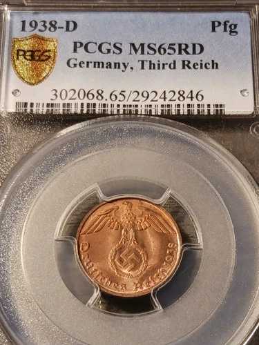 トップポップ PCGS MS65RD 1938-D ドイツ 1 ライヒシュペニッヒ J-361 未使用 レッド 1Pfg ミュンヘン造幣局